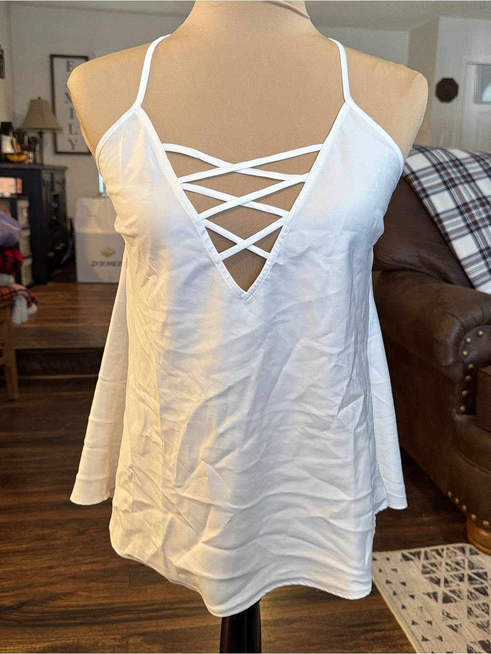 Women’s White Crisscross V-Neck Cami with long Pants Pajama Set